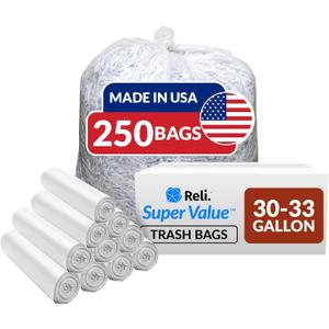 Reli. 30-33 Gallon Trash Bags Heavy Duty | 250 Count Bulk | Clear Large Trash Bags 30+, 32 Gallon | Made in USA