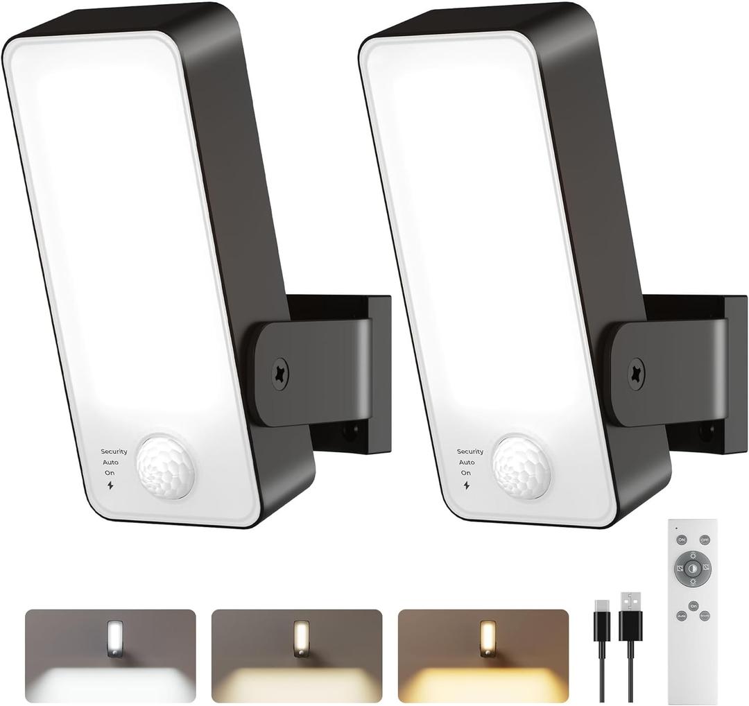 2 Pack Motion Sensor Outdoor Lights, 10000mAh Rechargeable 600 Lumen Battery Operated Outdoor Wall Lights with 3 Modes, 3 Colors, IP65 Waterproof Outdoor Security Lights for Fences, Garage, Patio