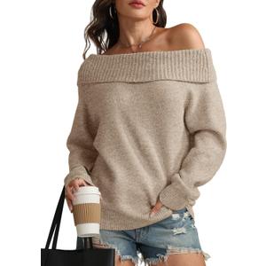 ATHMILE Womens Off The Shoulder Sweaters Oversized Spring Tops Batwing Sleeve Loose Pullover Fall Winter Fashion Outfits 2026 (Beige, XL)