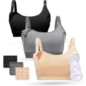 Momcozy Pumping Bra Hands Free, Pumping and Nursing Bra in One Holding Breast Pump for Spectra, Lansinoh, Medela, Black,Grey,Skin-3pk, Large