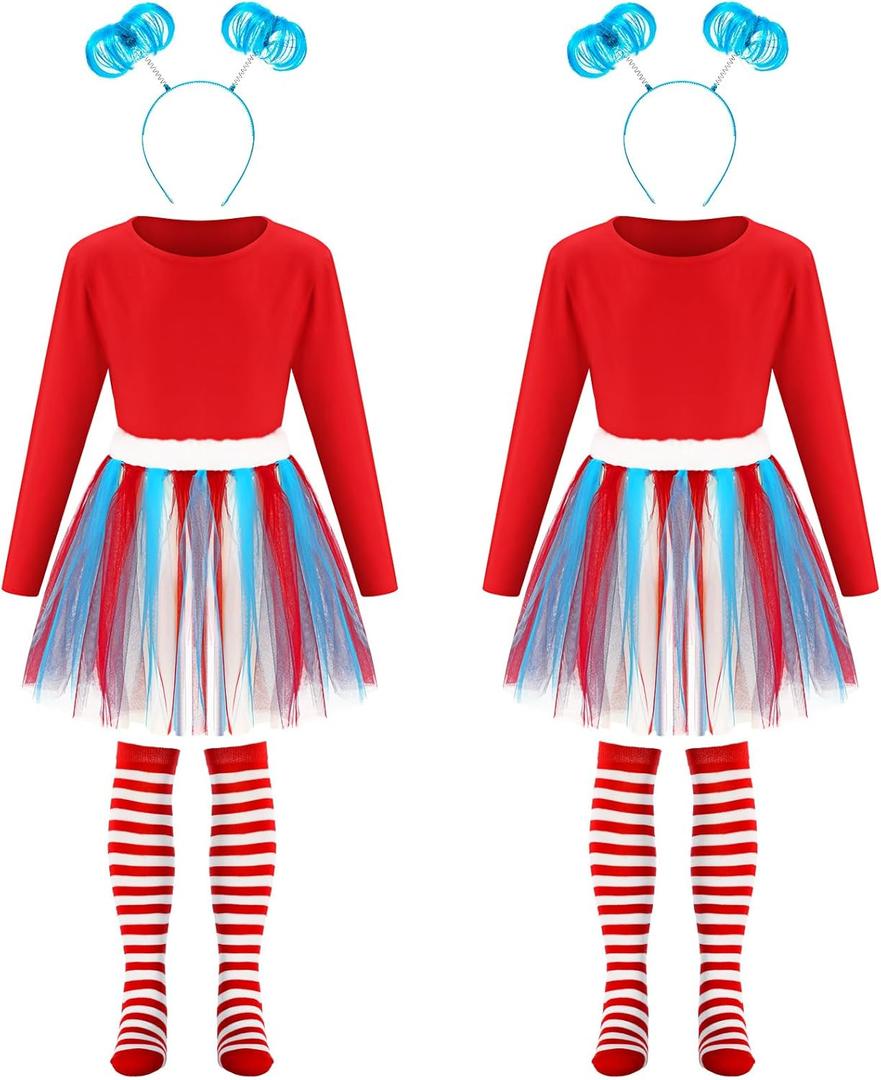 6 Pcs Costume Set for Kids, Include Tulle Tutu Skirt Striped Knee Long Socks Shirt Blue Headband (6-7 Age)
