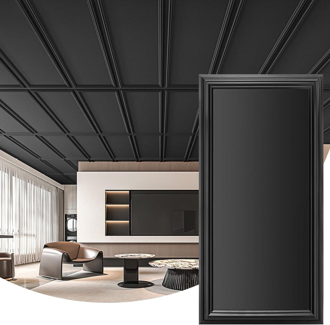 Art3d Drop Ceiling Tiles 48x24, Decorative PVC Ceiling Panels, Waterproof Rustproof and Durable 12-Pack, Glue Down, Rectangular Black (12pcs 24x48 in.)
