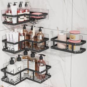 Adhesive Corner Shower Caddy with Soap Holder - Rustproof, No Drilling Shelves Wall Mounted, Organizer for Bathroom, Kitchen & Home Decor. Black, 4-Pack