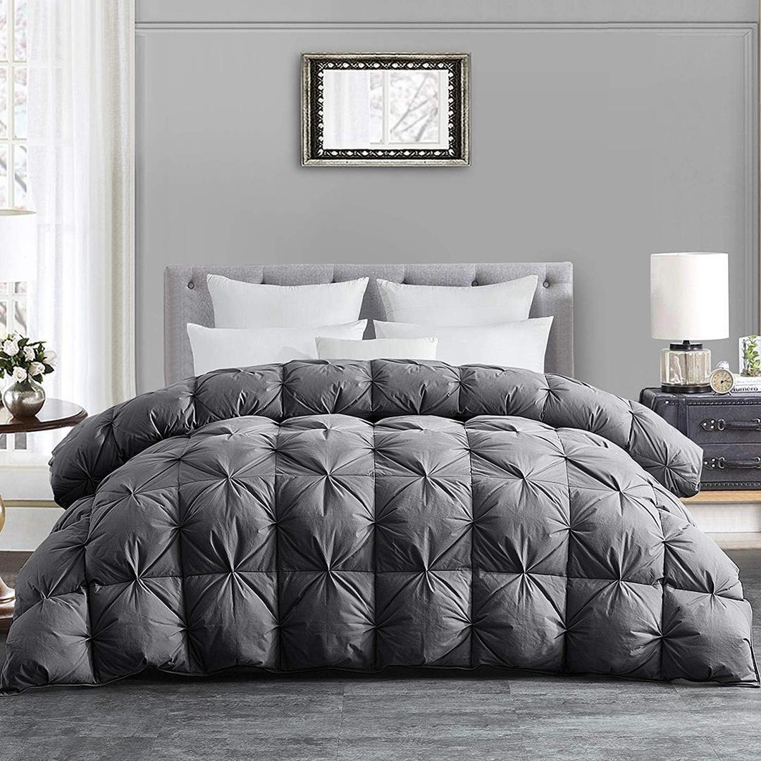HOMBYS 120x128 Oversized King Feather and Down Comforter, Grey Pinch Pleat Thick Duvet Insert with 100% Cotton Cover, Oversized Extra Large Fluffy Palatial King Comforter for All Season, Super King Plus