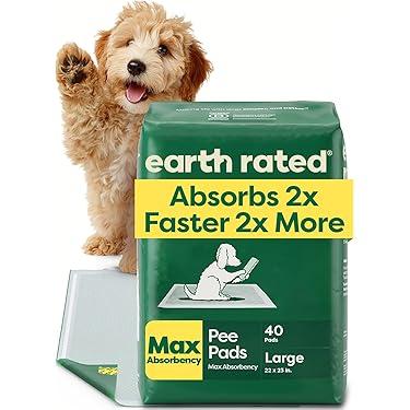 Earth Rated Puppy Pads, Max Absorbency Pee Pads for Dogs, Absorbs 2X Faster & 2X More, Leak Prevention, Potty Training, Fragrance-Free, Unscented, Regular [L], 22” x 23”, 40 Count