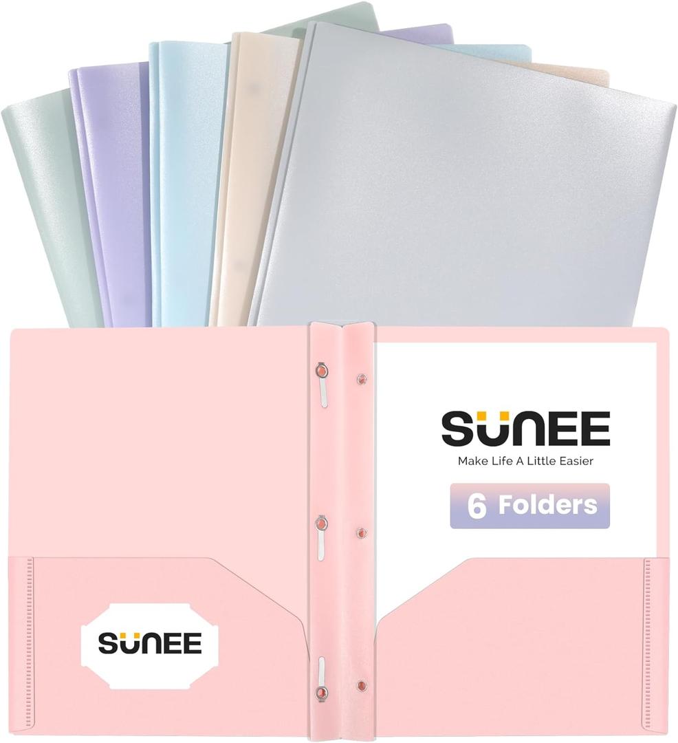SUNEE 3-Prong Plastic Folders with Pockets (6 Pack, Pastel Colors) 2 Pocket Folders with Fasteners, Tear-Resistant Plastic Pockets, and Fit Letter Size Paper, Use for School Office Home Business