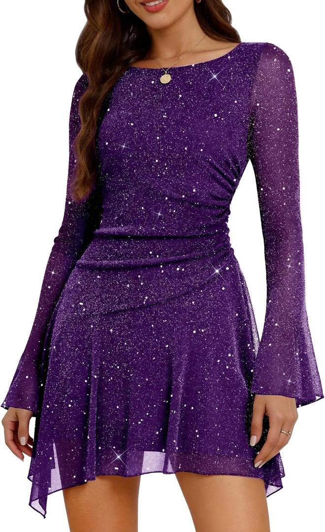 Aupuls Long Sleeve Sequin Prom Dresses for Teens Asymmetrical Going Out Women Party Cocktail Dress (X-Large, Purple)