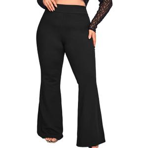 WDIRARA Women's Plus Size Elastic High Waist Flare Bell Bottom Ribbed Knit Long Pants (3X-Large Plus, Black)