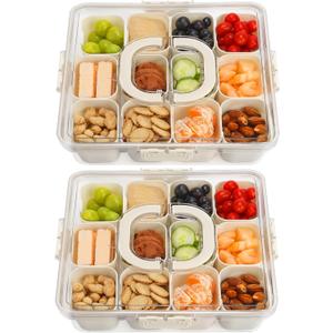 2Pcs Snackle Box Container, Divided Serving Tray with Lid and Handle, Snack Box Container Food Platter Charcuterie for Party, Veggies, Snack, Fruit, Nuts, Entertaining, Picnic, LARGER SIZE