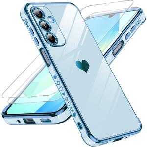 LeYi for Samsung A16-5G Case: with Tempered Glass Screen Protector [2 Pcs]+ Full Camera Lens Protection,Love Heart Plating Girly Luxury Soft TPU Shockproof Case for Galaxy A 16 5G,Sierra Blue