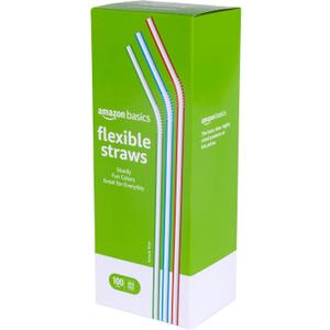 Amazon Basics Disposable Striped Plastic Flex Straws, 7.5" Long, Assorted Colors, 100 Count, Large Pack
