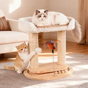 5-in-1 Small Wooden Cat Tree Tower,16.5''H Natural Sisal Cat Scratching Post Climbing Tower with Bed,Interactive Cat Feather Toy,Ball Track Toy for Kittens and Indoor Cats,White
