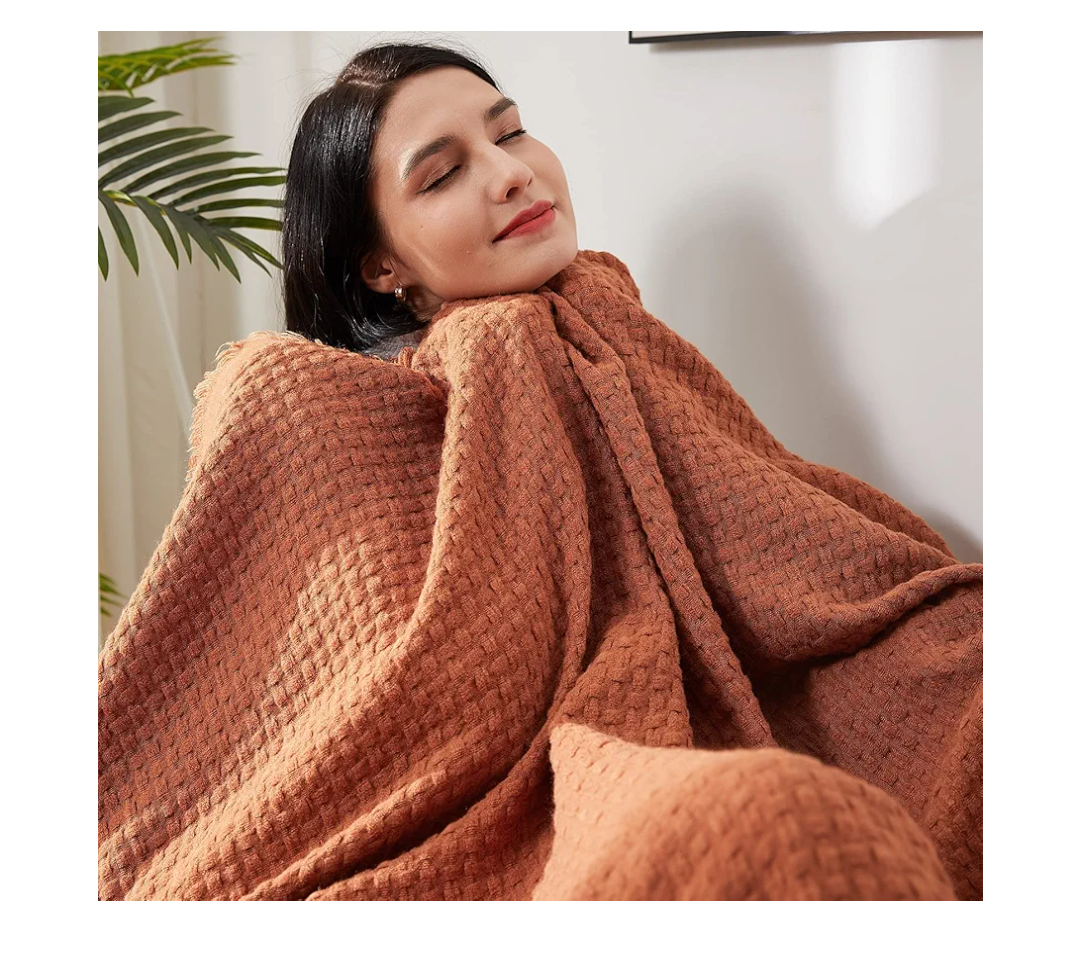 lifein Fall Throw Blanket for Couch-Soft Burnt Orange Boho Bed Throw Blankets,Cozy Knitted Waffle Throw,Small Farmhouse Lightweight Blanket for Autumn,Woman,Man,Chair,Sofa,Home Decor 120x100 inch