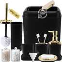 Black Bathroom Accessories Set, Black and Gold Bathroom Accessories with Trash Can, Tray, Soap Dispenser, Soap Dish, Toothbrush Holder, Toothbrush Cup,Toilet Brush and Qtip Holders