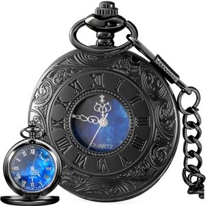 Tiong Pocket Watch Hollow Blue Star Design Roman Numerals Quartz with Chain Christmas Birthday Gifts