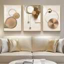 Framed Modern Luxury Gold Wall Art, 3 Piece Bright Style Art Prints Paintings Artwork for Walls, Bronze Gold Geometric Pictures for Living Room Dining Room Bedroom Wall Decor 16x24 In (Gold Circle Trio)