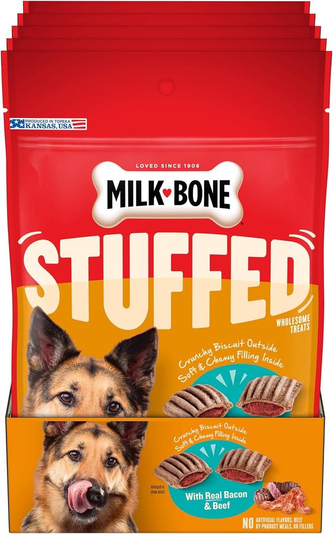 Milk-Bone Stuffed Dog Treats with Real Bacon & Beef, 10 Ounce (Pack of 5), Crunchy Biscuit with Soft & Chewy Filling, BBD 12/14/2025