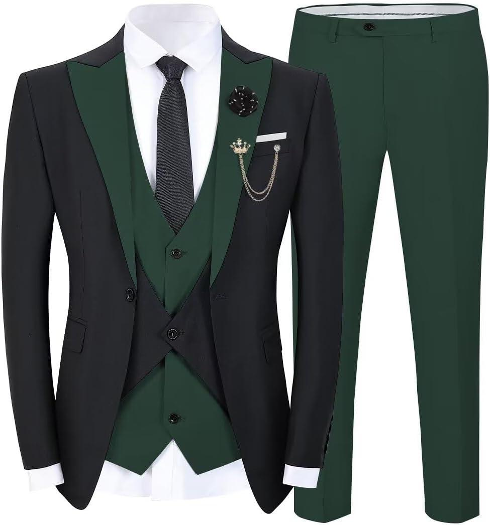 Wangyue Men's Tuxedo Suit 3 Piece Suits for Men Wedding Slim Fit Prom Tuxedo for Men Dinner Party Blazer Vest Pants Set (Dark Green)