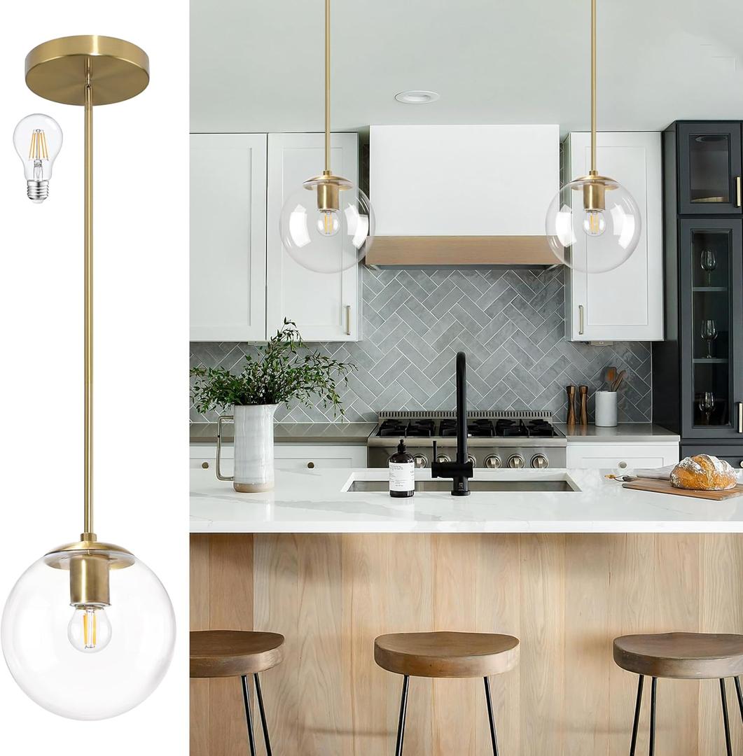 8" Globe Pendant Light Gold Mid Century Modern Light Fixture Clear Glass Pendant Lights Kitchen Island Modern Pendant Lights Brushed Brass Finished with Clear Glass Lampshade for Bedroom
