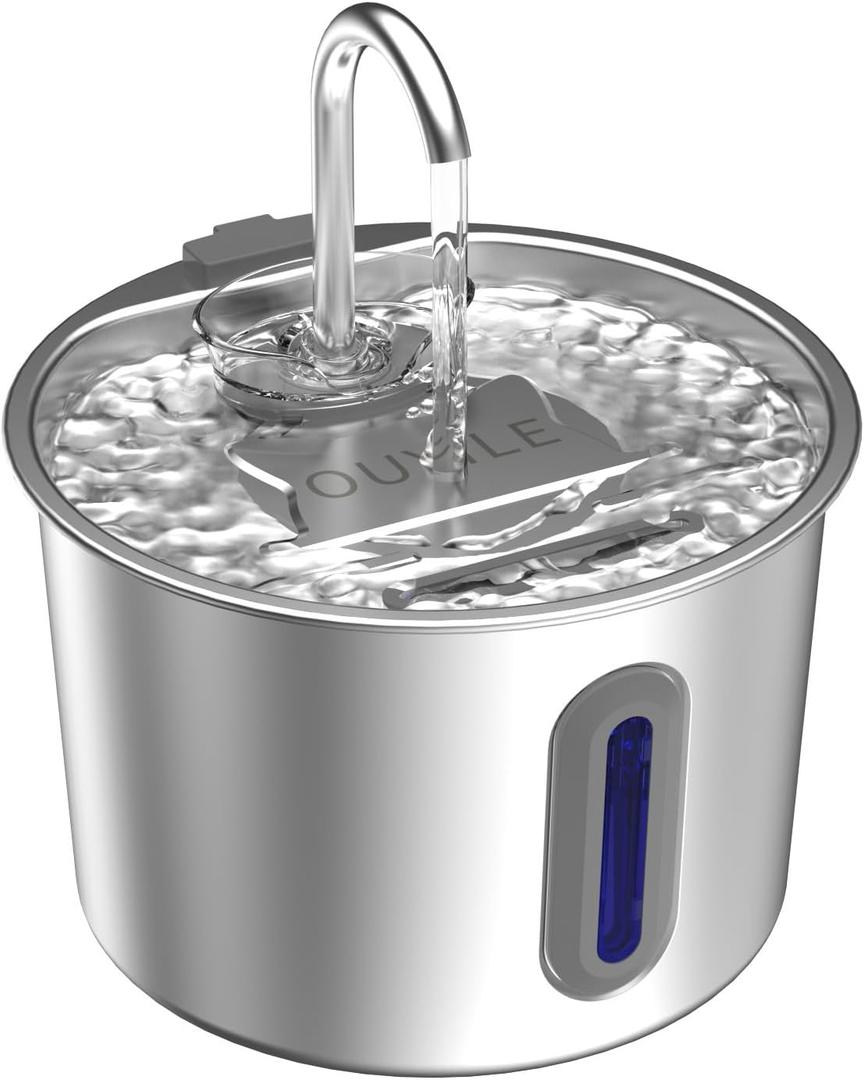 Stainless Steel Cat Fountain - 2.2L/74oz Ultra-Quiet Drinking Automatic Pet Water Fountain with Replacement Filters Cat Water Fountain with LED Window for Cats and Small Dogs