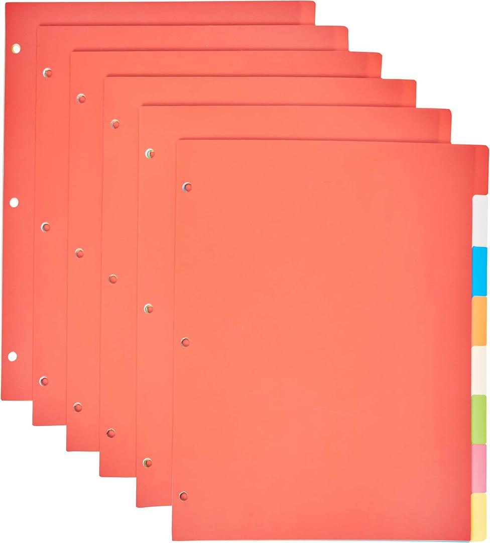Amazon Basics Durable Multicolor 3-Ring Binder Plastic Divider Set with Tab Labels, 3-Hole Punched, for School and Organization, Letter Size 8-Tab Dividers, Assorted Colors, 6 Pack