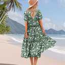 YESNO Summer Floral Midi Dresses for Women V Neck Puff Short Sleeve Frill Trim Dress with Pockets EVX (XXXL)