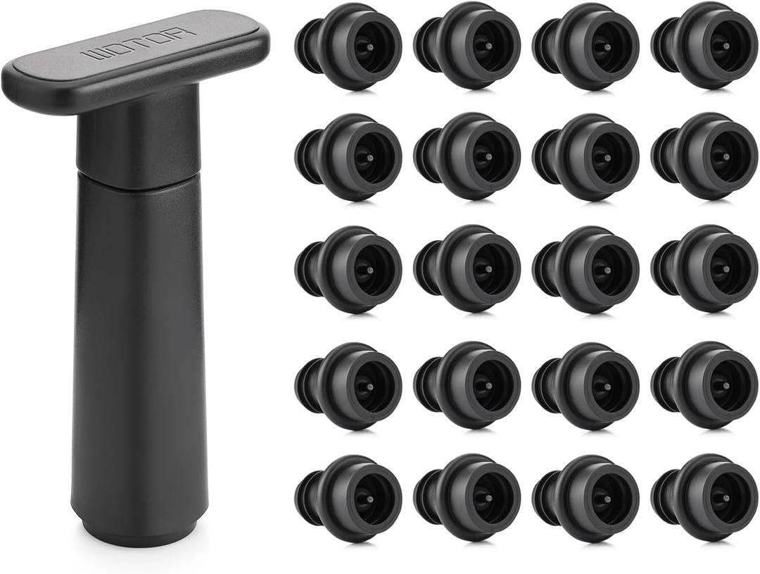 WOTOR Saver Vacuum Pump with 20 Stoppers, Stopper & Preserver, Reusable Bottle Sealer Keeps Fresh, Ideal Accessories Gift (Flat Handle) (Black)