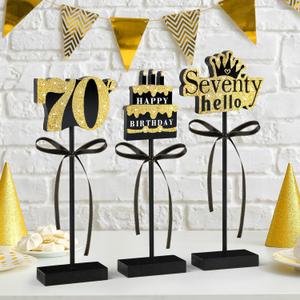3 Pcs 70th Birthday Table Decorations Wooden Signs,Happy 70th Birthday Tiered Tray Decorations for men women Birthday Party Decor (70)