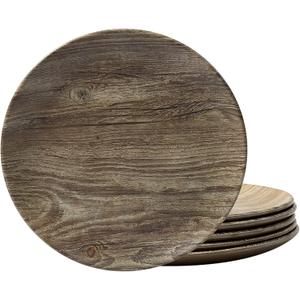 TP 8.5" Melamine Dinner Plates, 6-piece Plate Set Unbreakable Serving Dishes for Indoor and Outdoor, Service for 6, Grayish-brown Wood Grain