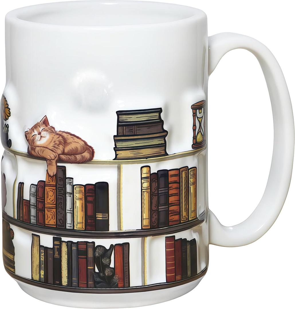Full-Wrap Embossed 3D Book Mugs For Book Lovers Gifts For Readers Women 3D Bookshelf Mug 15Oz - A Library Shelf Cup, Cat Mugs For Cat Lovers Women And Men, Love Cats Mug Gift For Writers And Authors