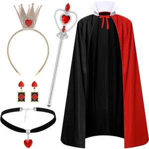 5Pcs Halloween Queen Costume Accessories Set, Shiny Crown Heart Necklace Wand & Cloak for Women Party Cosplay