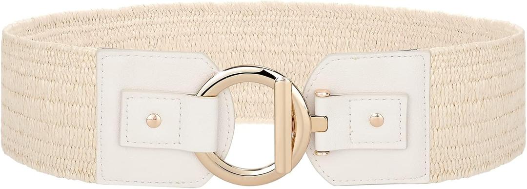 JASGOOD Straw Woven Elastic Belt for Women Vintage Wide Stretch Waistband for Dress Boho Ladies Summer Dress Belt (Beige, L)