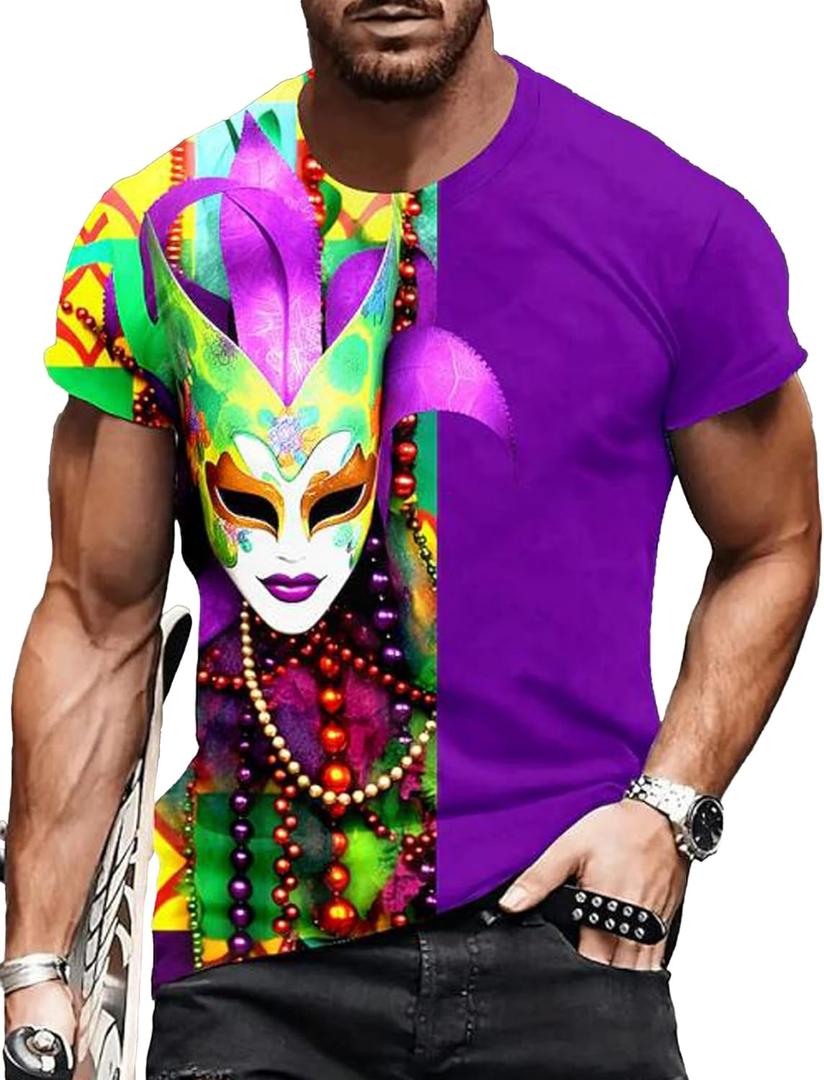Mardi Shirt for Men Glitter Mask Graphic Festival T Shirt Tuesday Carnival New Orleans Party Tee Tops (Purple, XXL)