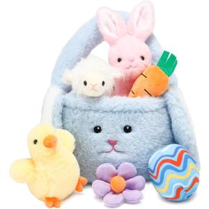 Vposyako 7 Piece Easter Basket Eggs Playset Stuffed Rabbit Chick Lamb Toy Set for Kids Girls Boys Ages 3+ Easter Bunny Basket Plush Sensory Toys Soft Plush Toy for Easter Party Favors