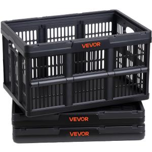 VEVOR Plastic Collapsible Storage Bins, 45L 3 Packs, Stackable Folding Storage Crates with Handles, Holds 33 lbs Per Bin, Foldable Heavy Duty Containers, Space-Saving Baskets, for Home Organizing