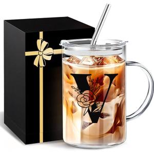 Initial Extra Large Glass Drinking Cup With Lid Straw Comfort Gifts For Woman Coffee Cup Regalos Para Mujer Teen Girl Trendy Stuffs Iced Glass Tumbler Must Haves For Women Apartment Essentials
