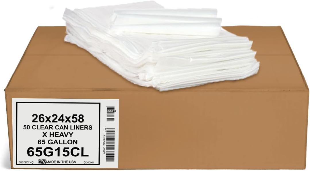 Aluf Plastics 65 Gallon Clear Trash Bags - (Huge 50 Pack) - 50" x 58" - 1.5 MIL - Heavy Duty Industrial Liners Clear Garbage Bags for Recycling, Contractors, Storage, Outdoor