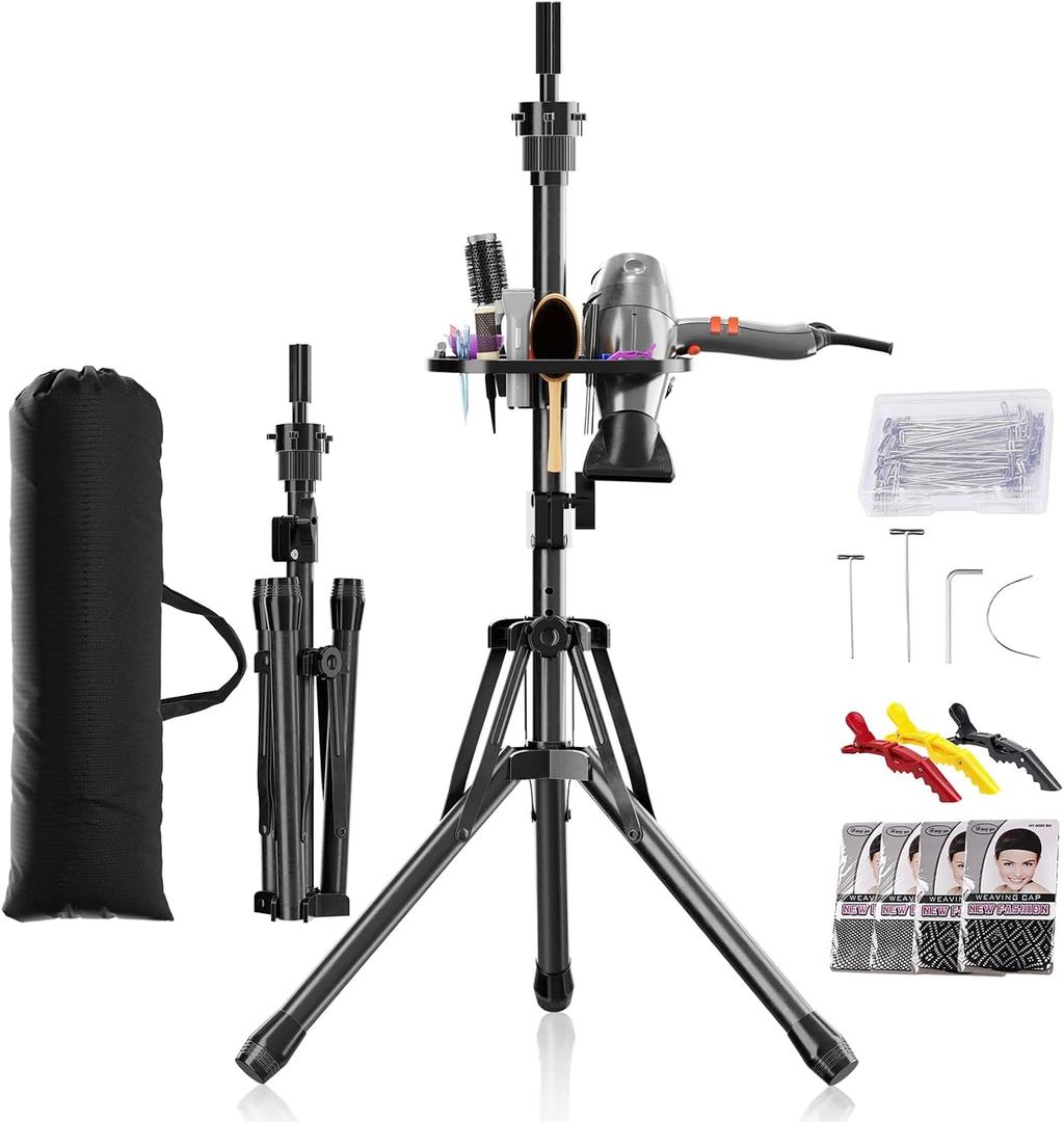 Wig Head Stand Tripod - Reinforced Mannequin Stand, Adjustable Height 31" - 57" Wig Stand for Styling, Cosmetology Hairdressing Training with Wig Caps, T-Pins Hair Clips