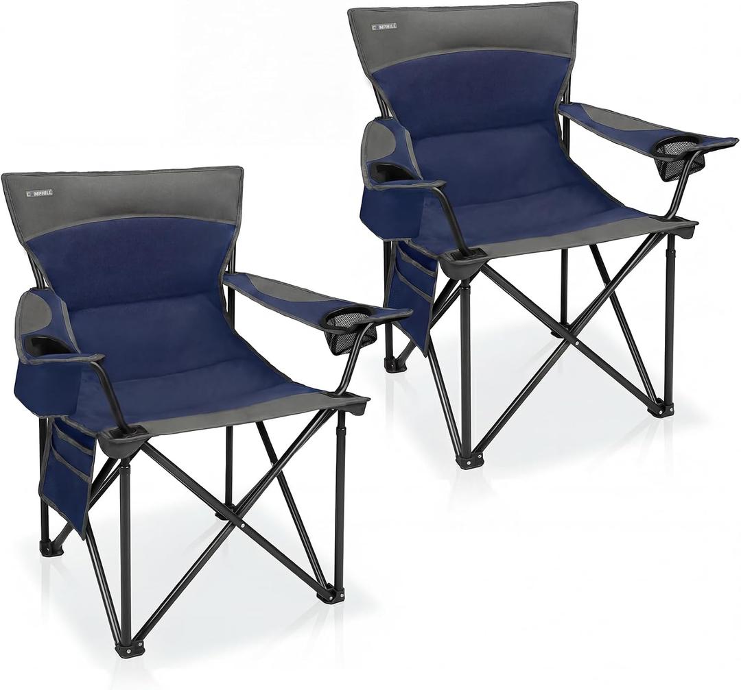 Oversized Camping Chair for Adults - 2 Pack Padded Lawn Chairs with Cup Holder & Side Pocket,Heavy Duty Folding Outdoor Chairs for Camp,Sports,Picnic,Beach,Dark Blue, 56 cm x 53 cm x 90 cm