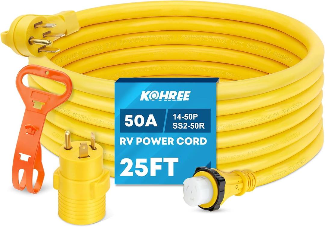 Kohree 50 Amp RV Extension Cord 25FT Heavy Duty Generator Cord, 50 Amp RV Power Cord with Grip Handle, NEMA 14-50P to SS2-50R Twist Lock, 30M/50F Adapter Included, ETL Listed