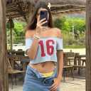 SOLY HUX Women's Off The Shoulder Graphic Tees Number Print Jersey Crop Top Vacation Outfit (Green, M)