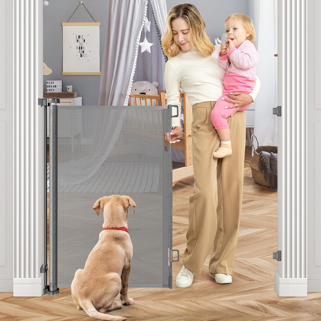 42 Inch Extra Tall Baby Gate for Stairs 55 Wide Retractable Anti-Scratch Mesh Gates for Kids or Pets Extra Tall Puppy Gates for The House One-Hand Operation Retractable Dog Gate for Doorway, Gray