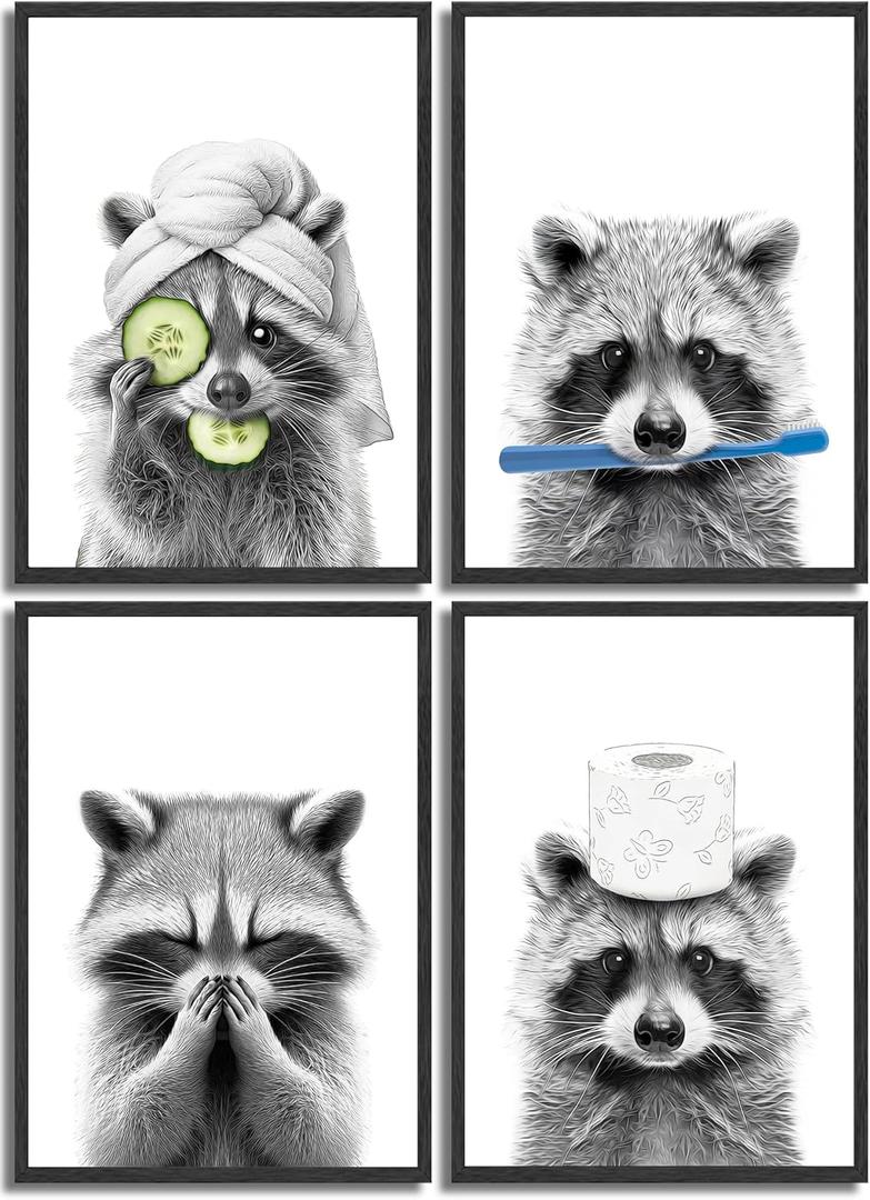 Danseed 4pcs Adorable Raccoon Bathroom Wall Art Modern Black and White Animal Wall Decor Pictures Funny Bathroom Canvas Posters Prints for bathroom Washroom laundry room Decorations Unframed (Racoon)