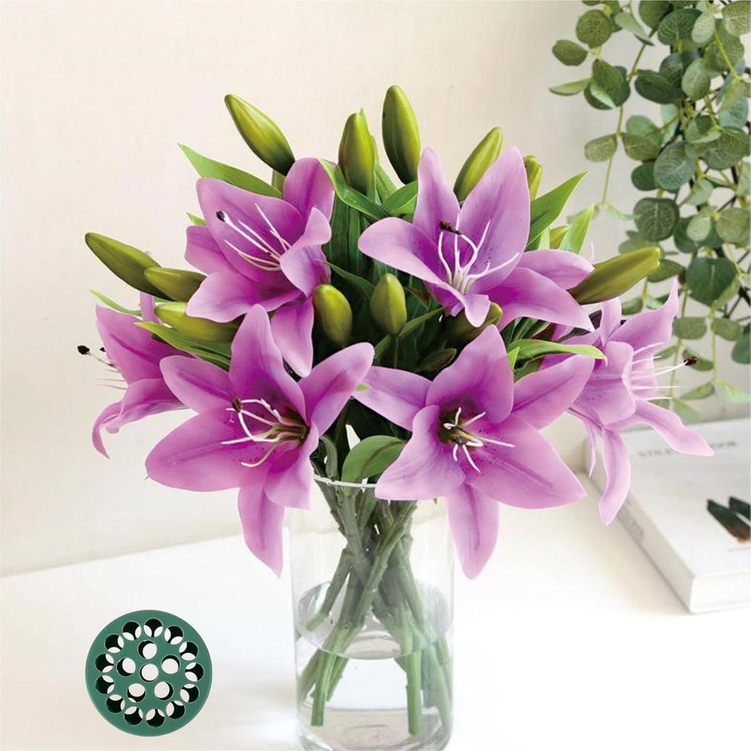 6 Pcs Artificial Tiger Lily Plastic Flowers Real Touch Latex Lily Fake Floral Bulk Artificial Lilies Bouquet for DIY Wedding, Table Centerpiece Home Decor, Pack of 6pcs+Spiral Ikebana Stem Holder (Purple)