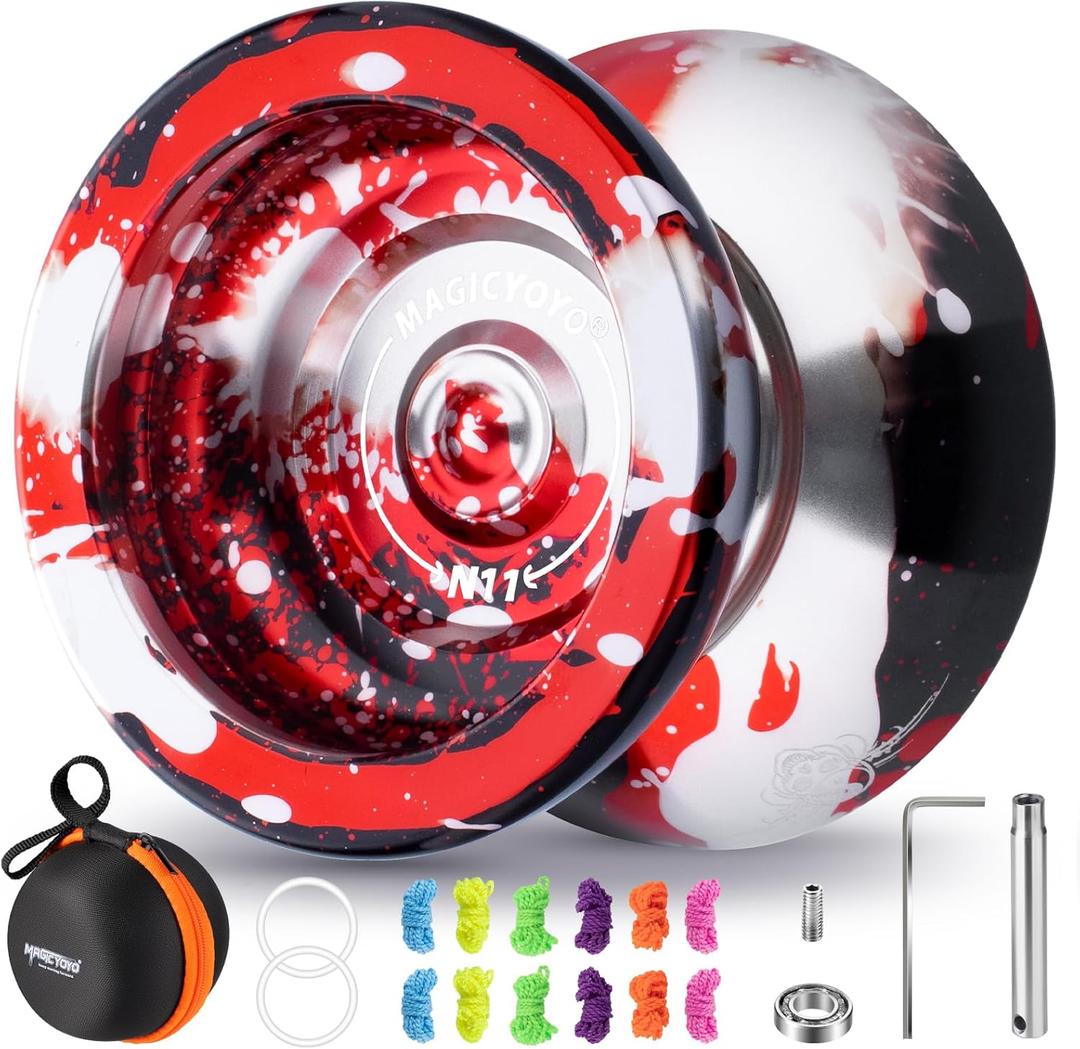 MAGICYOYO N11 Unresponsive Yoyo - Professional Trick Yo Yo for Kids 8-12 or Above, Dual Purpose Yo-yo Replacement Responsive Bearing for Beginner+12 Strings+Case Bag+Bearing Kit - Black Red Silver