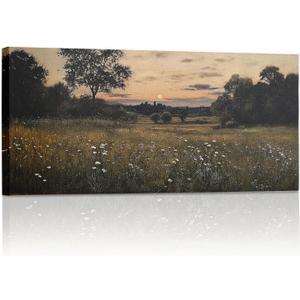 SVFGHGGN Rustic Large Vintage Floral Wildflower Flower Cottagecore Sunset Landscape French Country Framed Above Wall Art Canvas Sign Pictures Decor Decorations for Home Room, 40x20 Inches