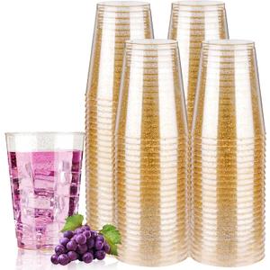 Goodluck 12 oz 100 PCS Gold Glitter Plastic Cups, Disposable Glitter Cups, Elegant Plastic Cocktail Glasses, Fancy Party Cups for Wedding, Birthday, Holiday