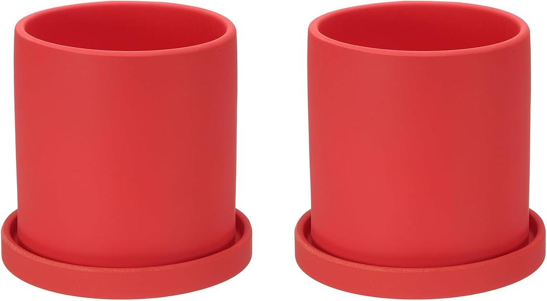 PATIKIL 4.3 Inch Ceramic Plant Pots, 2 Pack Modern Flower Planters with Drainage Holes and Tray for Decorate Home Indoor Plants Succulent Herb, Red