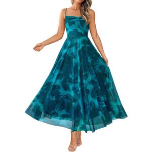 BTFBM Women Summer Floral Maxi Dresses Elegant Spaghetti Strap Dress Printed Party Dress Beach Long Dresses (Medium, Floral Blue Green)