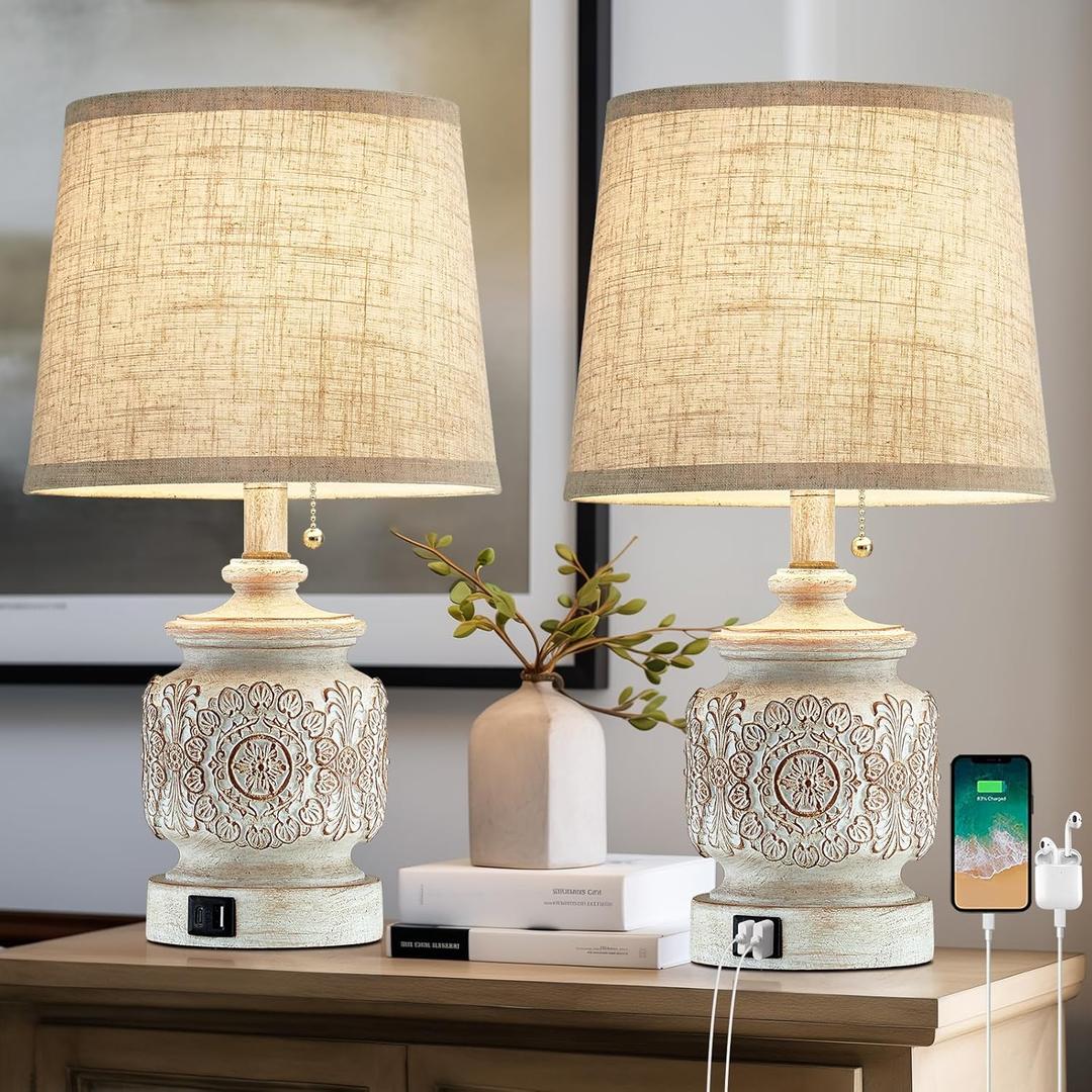 19.5" Farmhouse Vintage Table Lamps for Living Room Set of 2 Traditional Rustic Bedside Lamps for Bedrooms Nightstand with USB Ports Carved Floral Night Light Lamp for Office Decor,Pull Chain